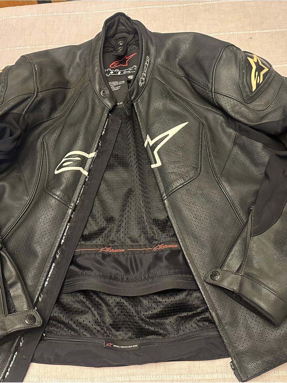 Alpinestars Black Leather Motorcycle Jacket with Yellow Accents